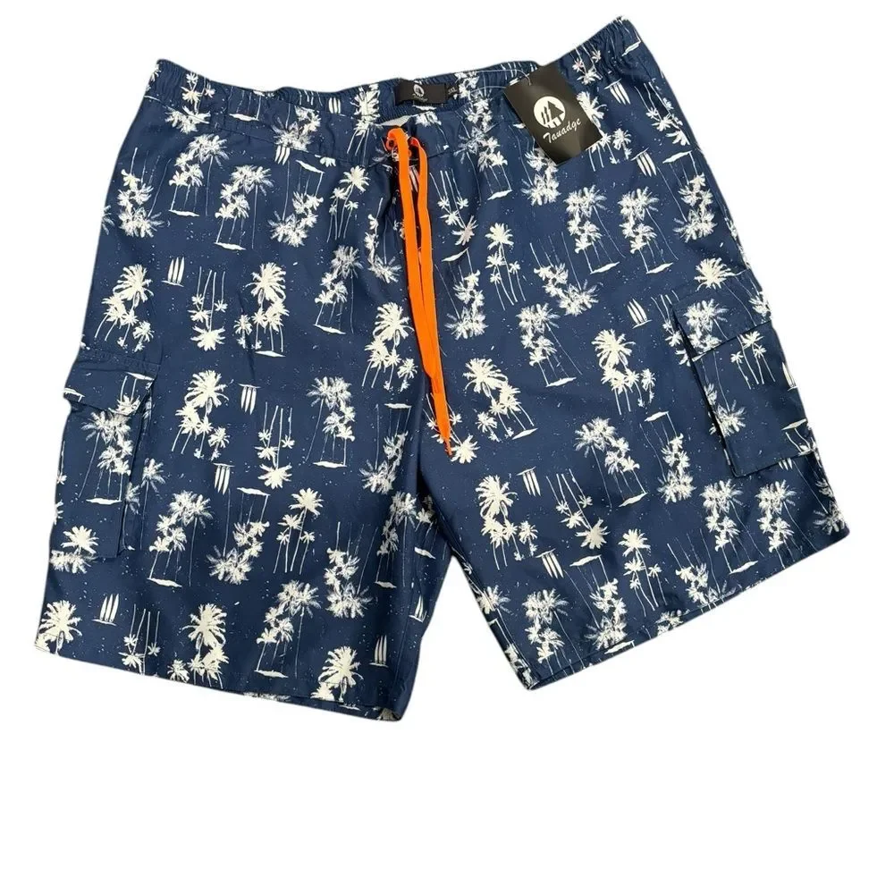 NWT Men's Blue/White/Orange Palm Tree Cargo Swim Shorts by Tauadge -size 3XL